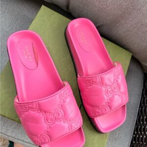 Gucci Hot Pink Leather Embossed Slide Sandals
